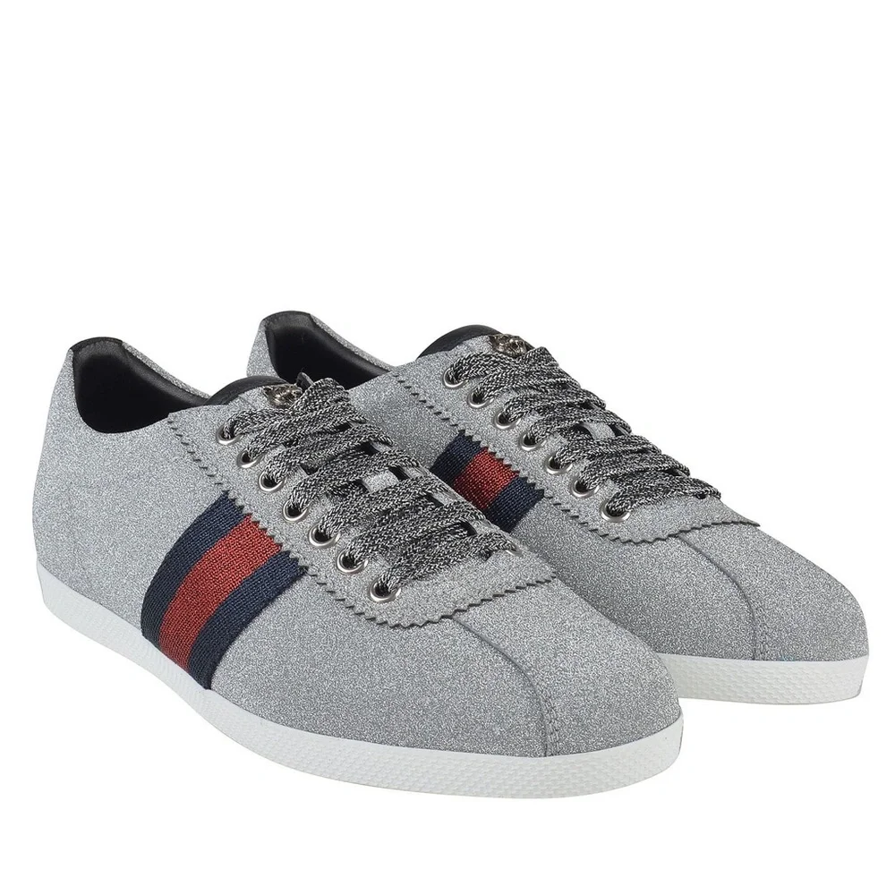 Gucci Silver Glitter Low-Top Sneakers with Navy & Red Web Stripe